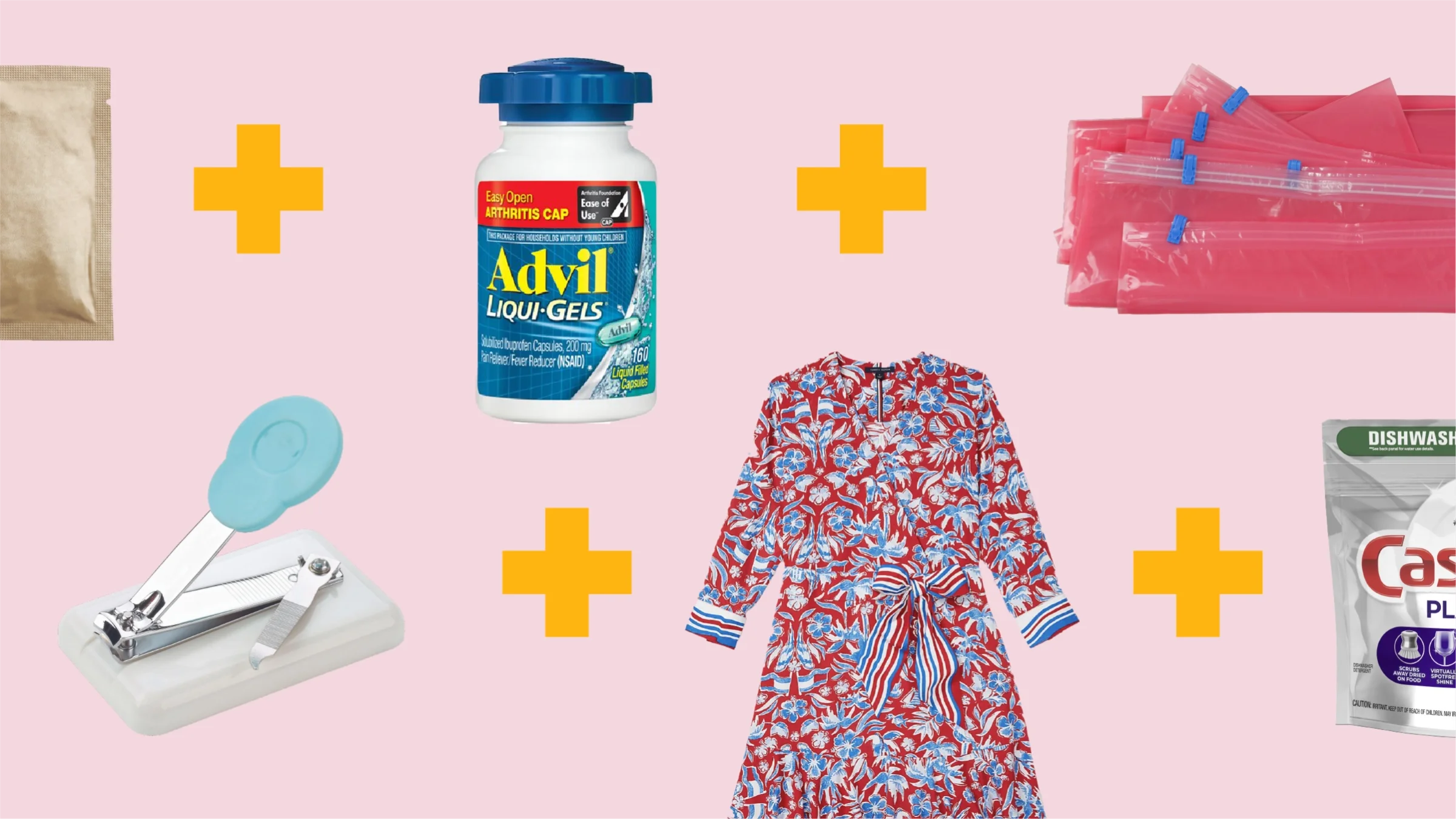 A graphic showing items that help with low dexterity has images of a bottle of Advil, nail clippers, and Ziplock bags.