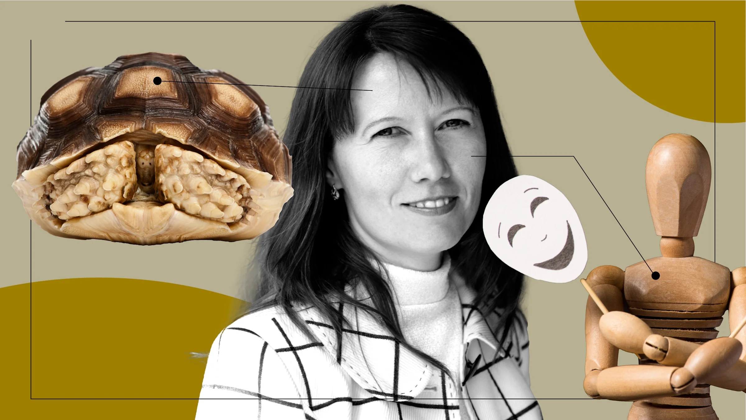 Tan background with black-and-white cutout portrait of a woman. Off of her are diagram lines pointing to objects representing hearing loss. On the left is a tortoise hiding in its shell. On the right is a wooden possible manikin holding a theater comedy mask.