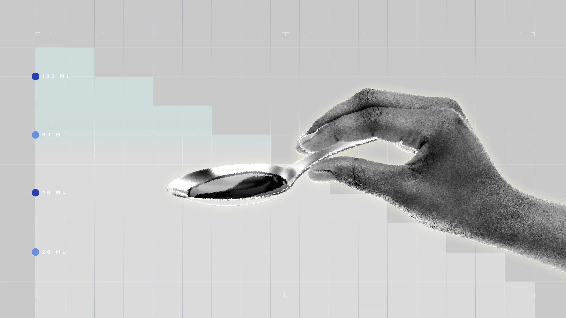 Light gray background with graph paper texture and representational step graph. In the center is a black-and-white cutout of a hand holding a spoon with liquid medicine.  