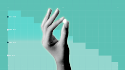 In the center of a teal background with graph paper texture and representational step graph, is a black and white cutout of a hand holding a round pill.
GoodRx Health
