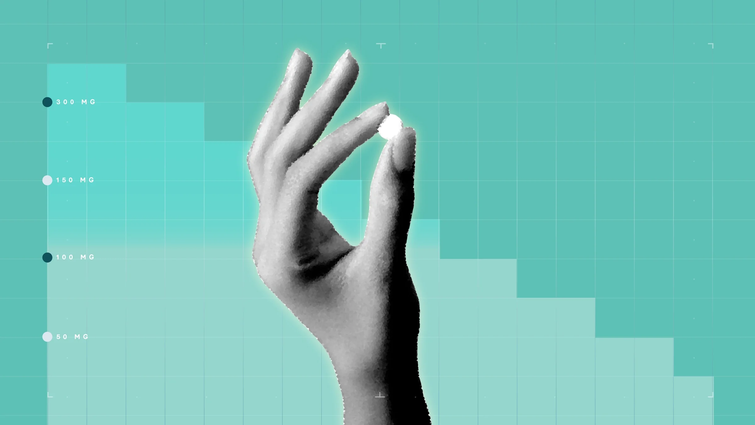 In the center of a teal background with graph paper texture and representational step graph, is a black and white cutout of a hand holding a round pill.