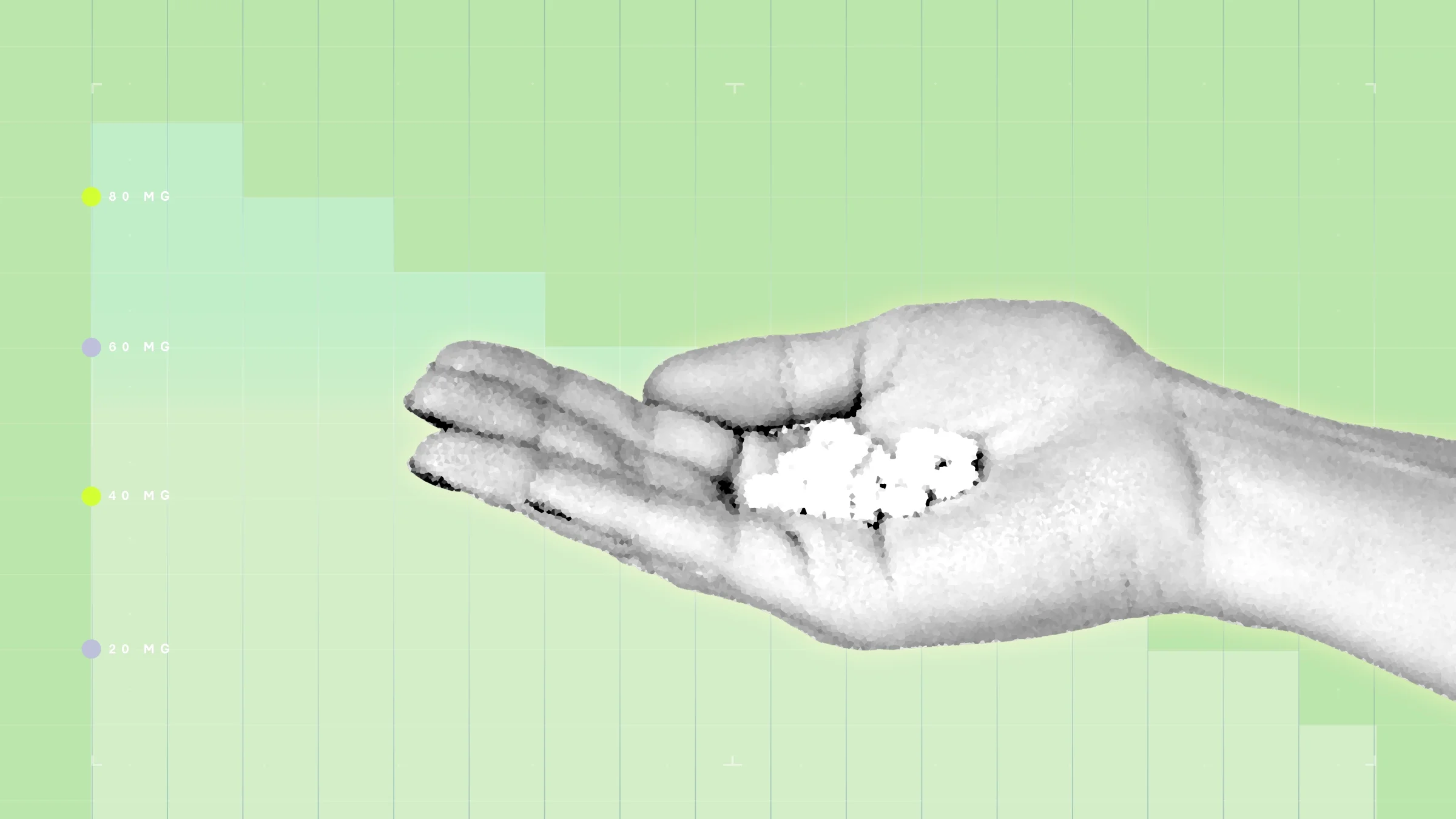 In the center of a light green background with graph paper texture and representational step graph is a black and white cutout of a hand holding a handful of pills. 