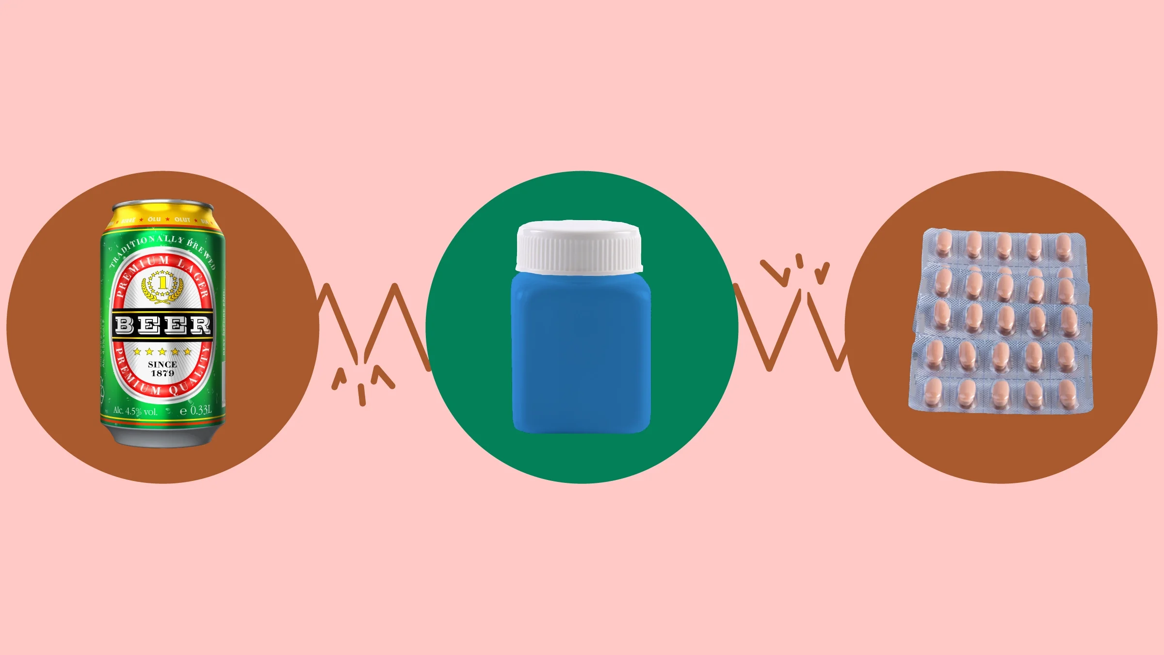 Light red background with three circles across the frame. In the center, on a green circle, is a square blue pill bottle. On the left, on a red circle, is a can of beer. On the right, on a red circle, are blister packs of pink allergy pills.