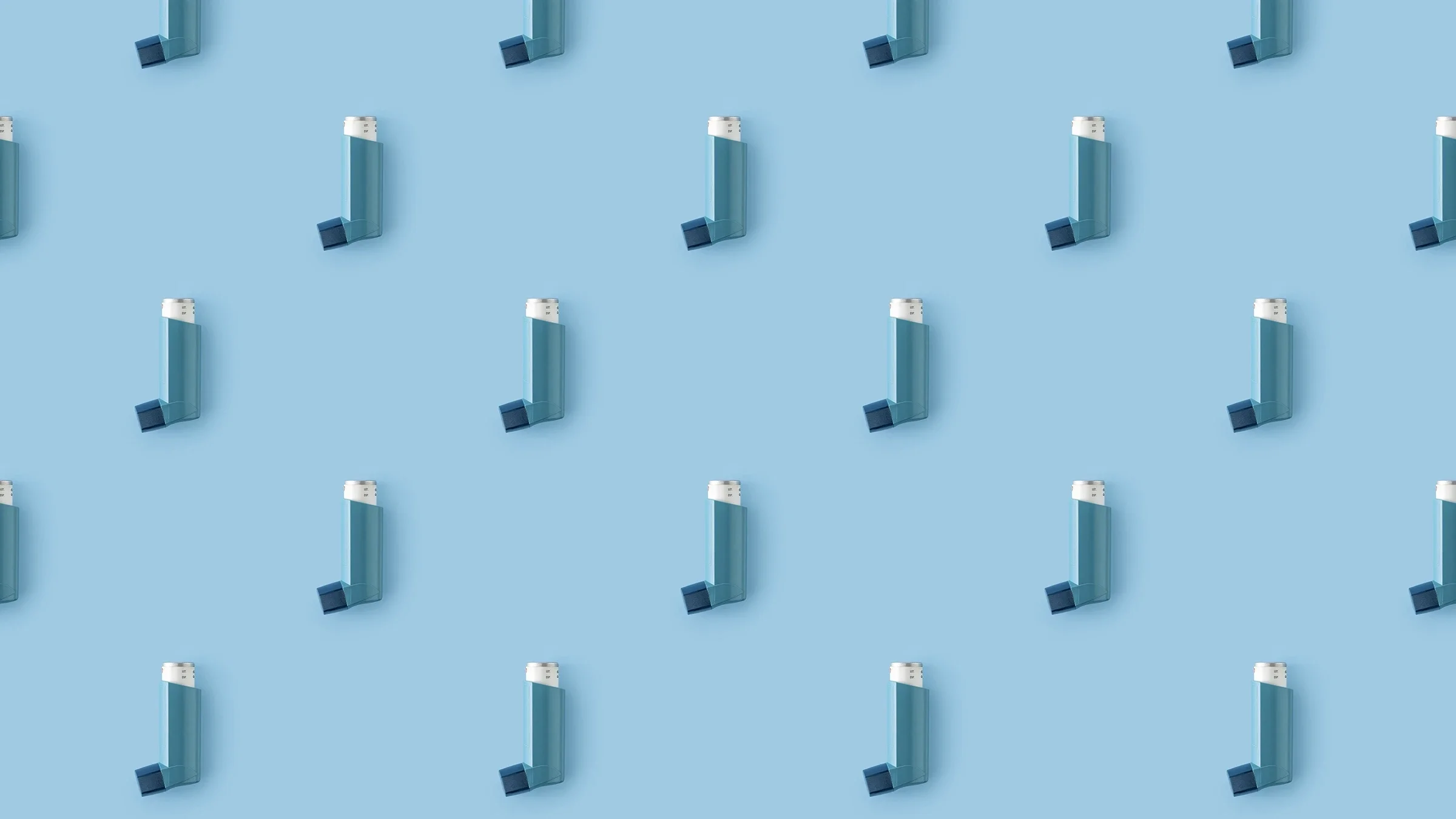 Asthma inhalers appear against a blue background.