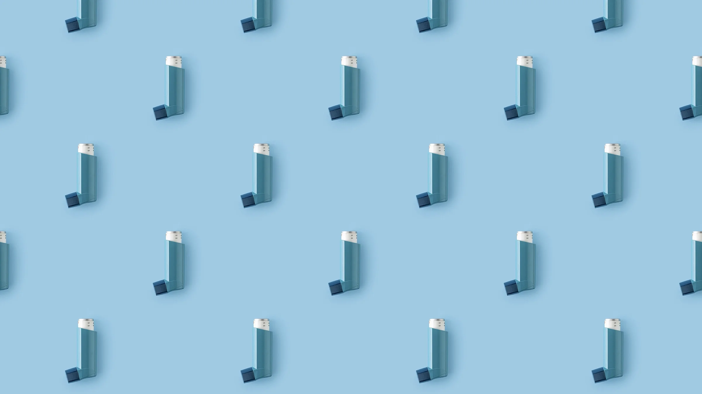 Asthma inhalers appear against a blue background.