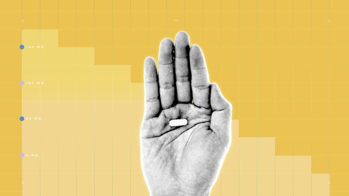 Light-yellow background with graph paper texture and representational step graph. In the center is a black-and-white cutout of a hand holding a single capsule pill.