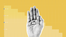 Light-yellow background with graph paper texture and representational step graph. In the center is a black-and-white cutout of a hand holding a single capsule pill.
GoodRx Health