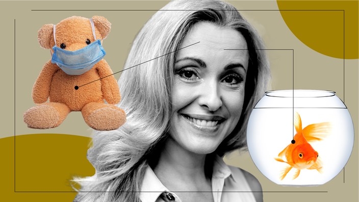 Black-and-white portrait of a woman in the center with diagram lines pointing to objects representing the feelings of having C. diff. On the left is a teddy bear with a medical mask on. On the right is an isolated goldfish in a bowl.