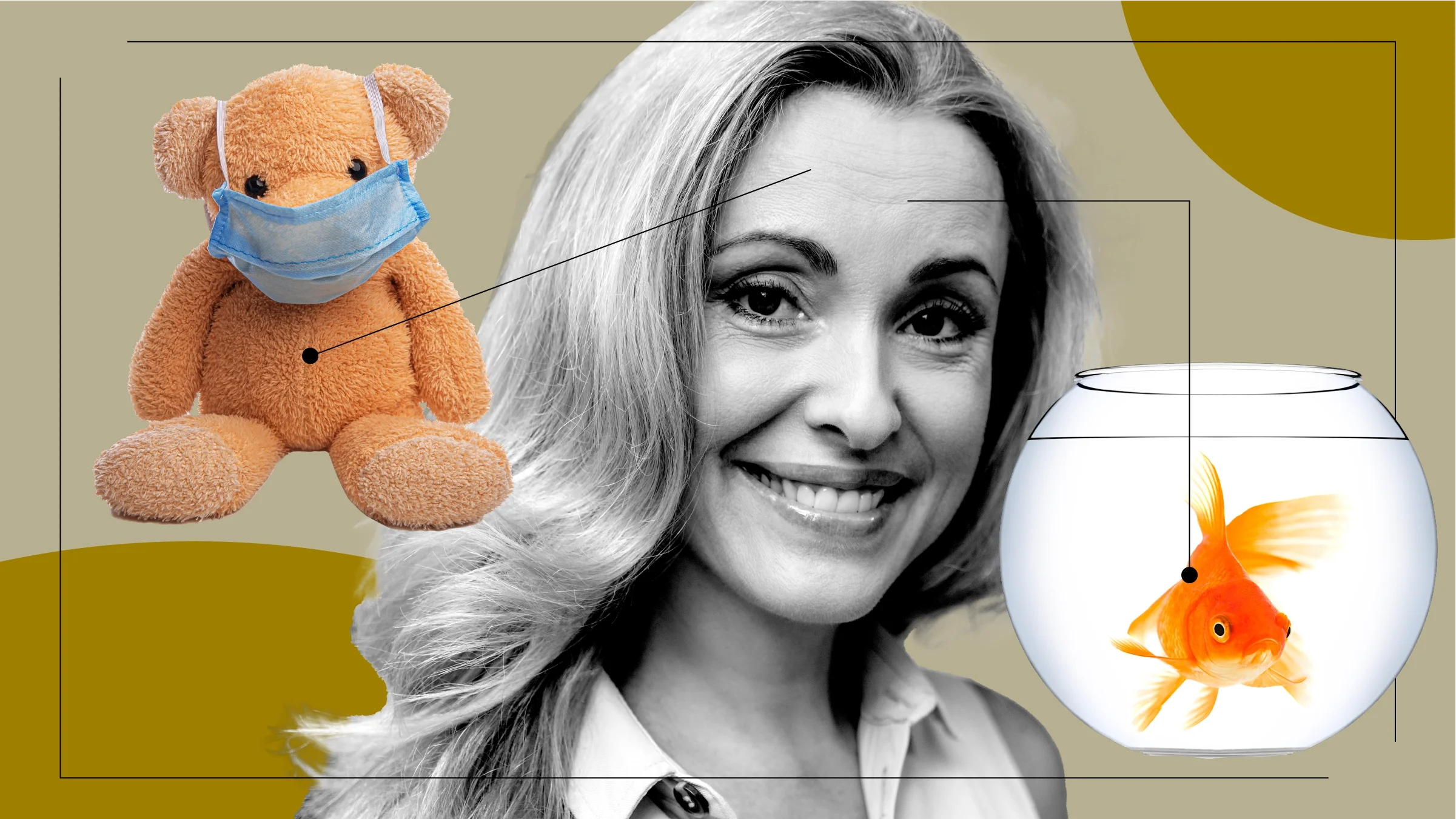 Black-and-white portrait of a woman in the center with diagram lines pointing to objects representing the feelings of having C. diff. On the left is a teddy bear with a medical mask on. On the right is an isolated goldfish in a bowl.