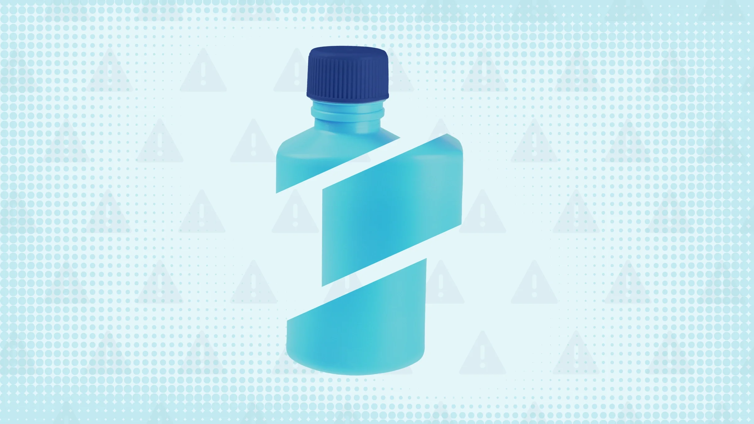 Light teal background with texture and warning sign pattern. In the center is a teal and blue plastic liquid medicine bottle cut into thirds.  