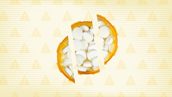 Yellow background with texture and warning sign pattern. In the center is an overhead shot of a prescription pill bottle cut into thirds. 