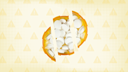Yellow background with texture and warning sign pattern. In the center is an overhead shot of a prescription pill bottle cut into thirds. 
GoodRx Health 
