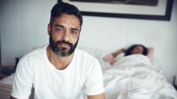 viagra: how long: man upset in bed with woman 643310648