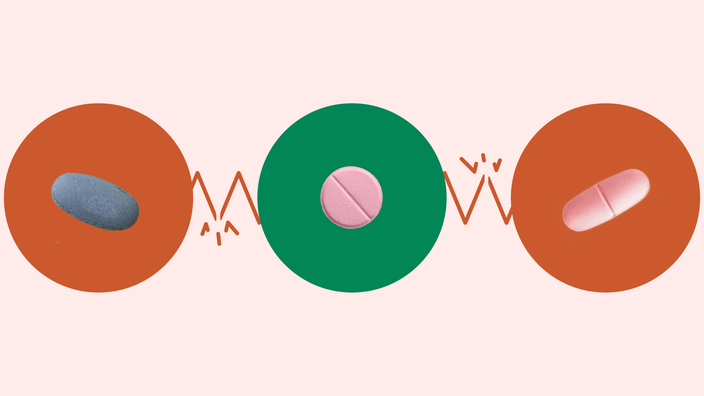 An illustration shows photos of three pills with fractured zig-zag lines drawn between them. 
