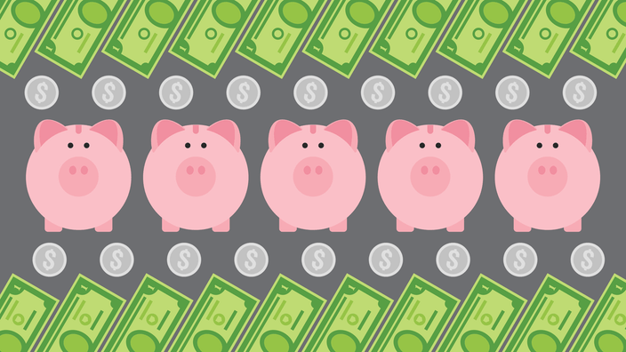 Savings pigs with coins and dollars