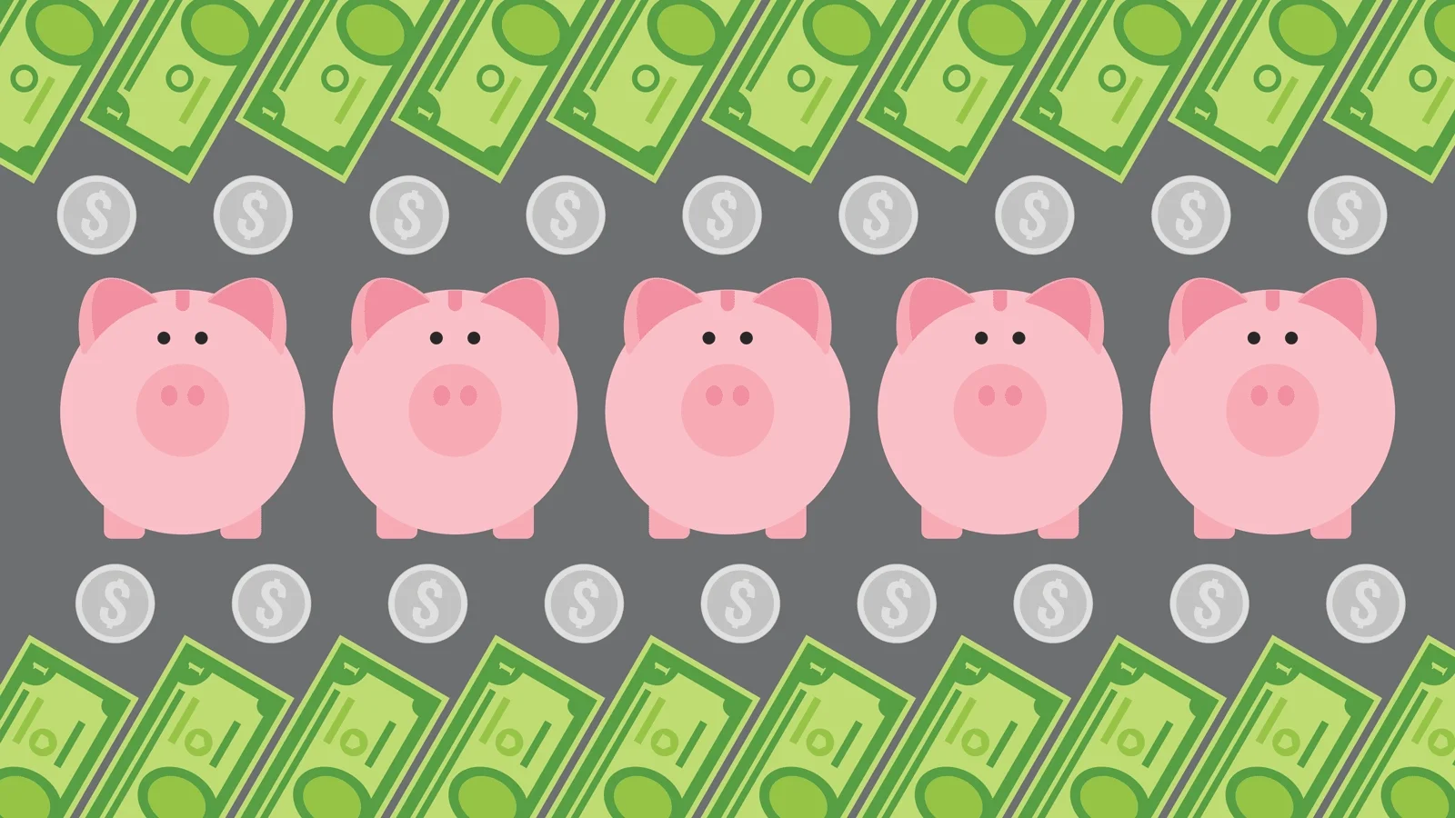 Savings pigs with coins and dollars