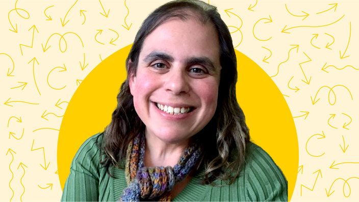 Light yellow background with a pattern of different doodle arrows. In the center is a big bright yellow circle behind a portrait of Allison Landa.