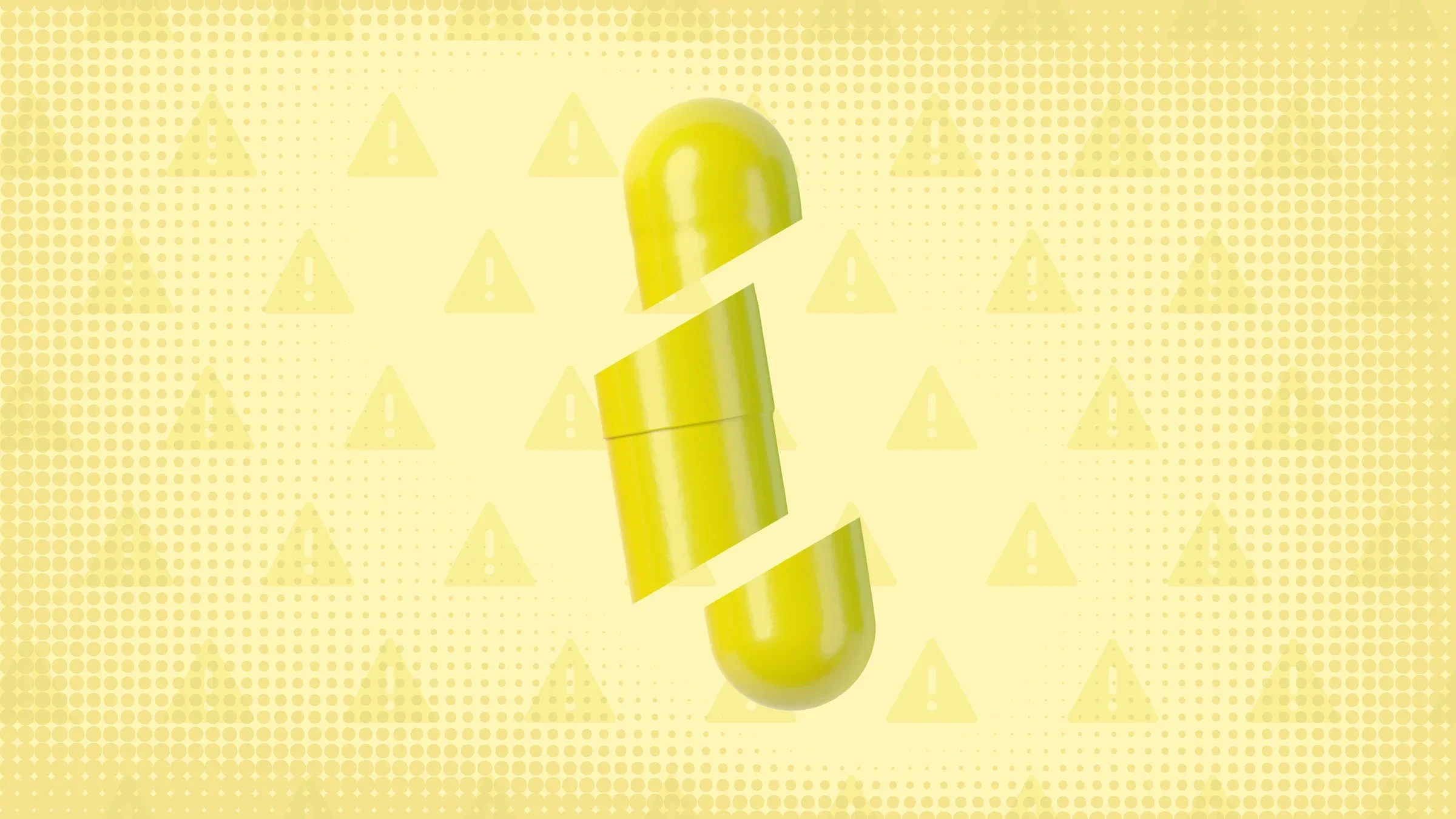 Light yellow background with texture and warning sign pattern. In the center is a yellow capsule pill cut into thirds. 
GoodRx Health