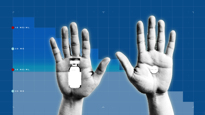 A custom graphic includes a graph paper background with a black-and-white cutout of two hands holding different forms of Revatio.