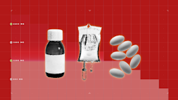 Red background with graph paper texture and representational step graph. In the center are the three forms of Zyvox in black-and-white cutouts.
GoodRx Health
