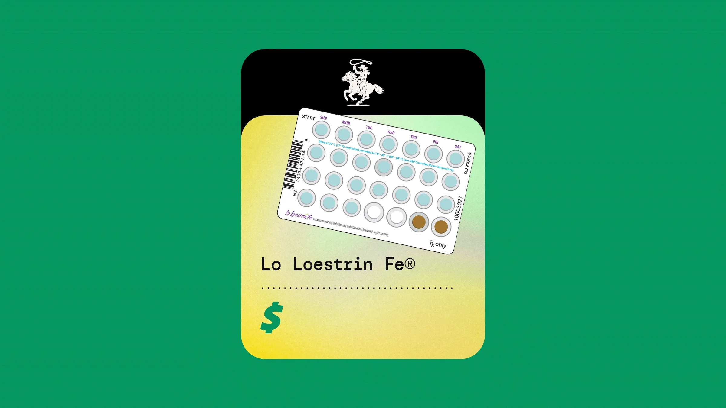 A graphic includes an image of Lo Loestrin Fe against a green and yellow background with a dollar sign below it.