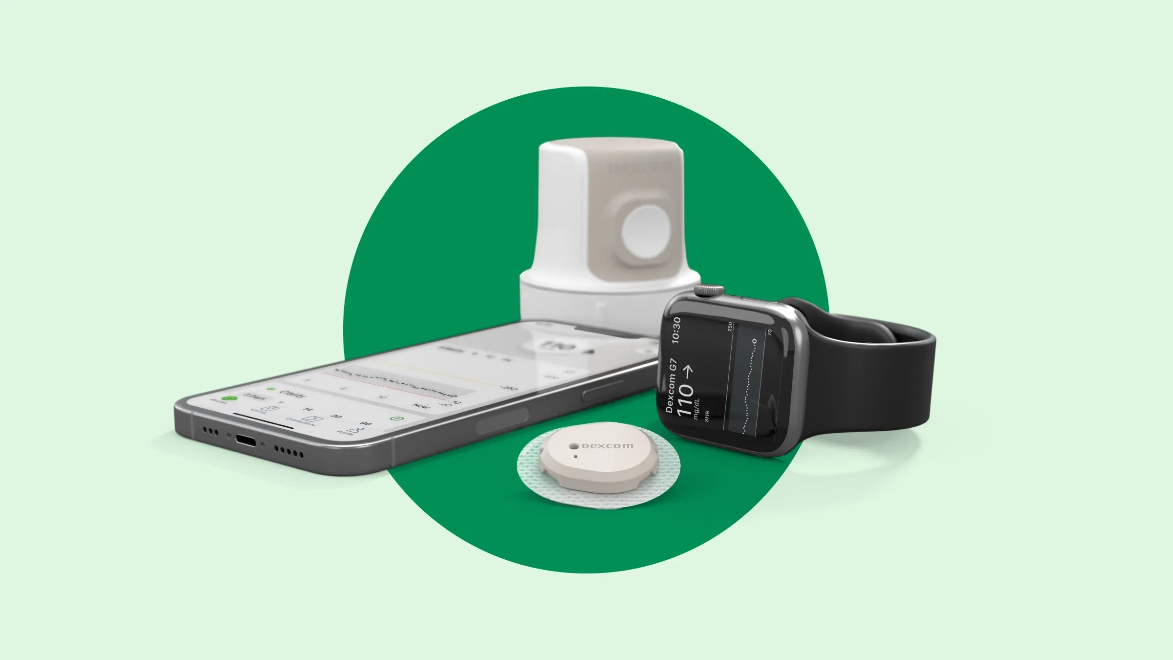 The Dexcom G7 is shown on a green background.
Courtesy of Dexcom