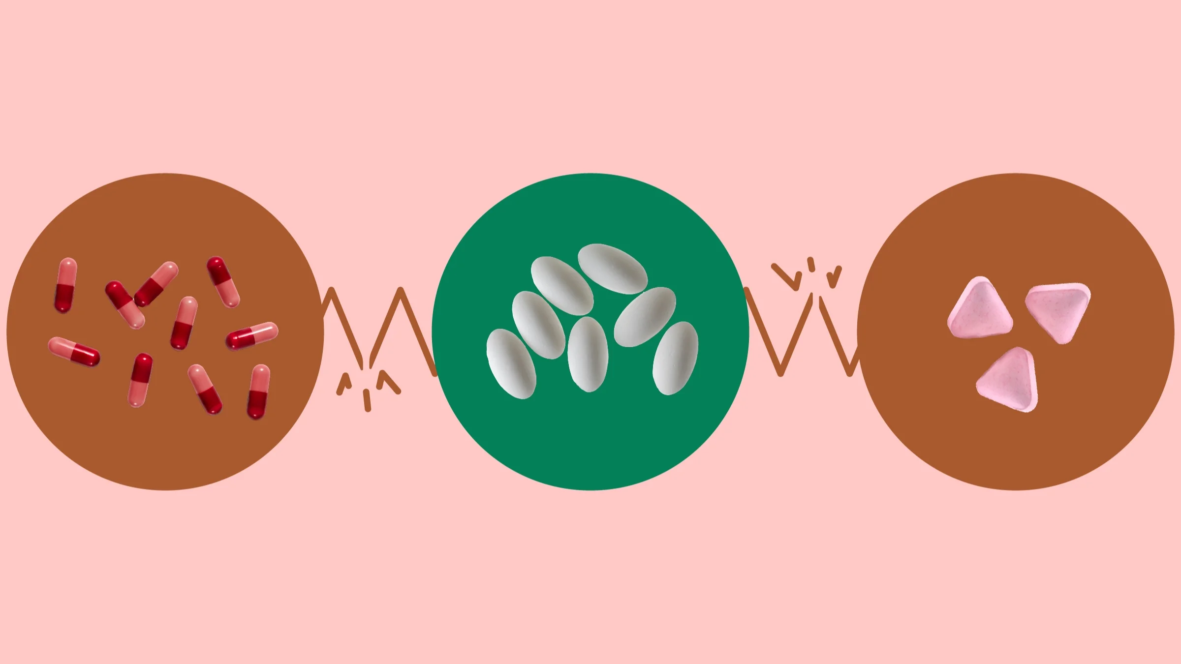 The image shows a light red background with three circles across the frame. In the center, on a green circle, is a pile of white oblong pills. On the left, on a red circle, is a pile of red capsule pills. On the right, on a red circle, is a pile of pink triangular pills.  