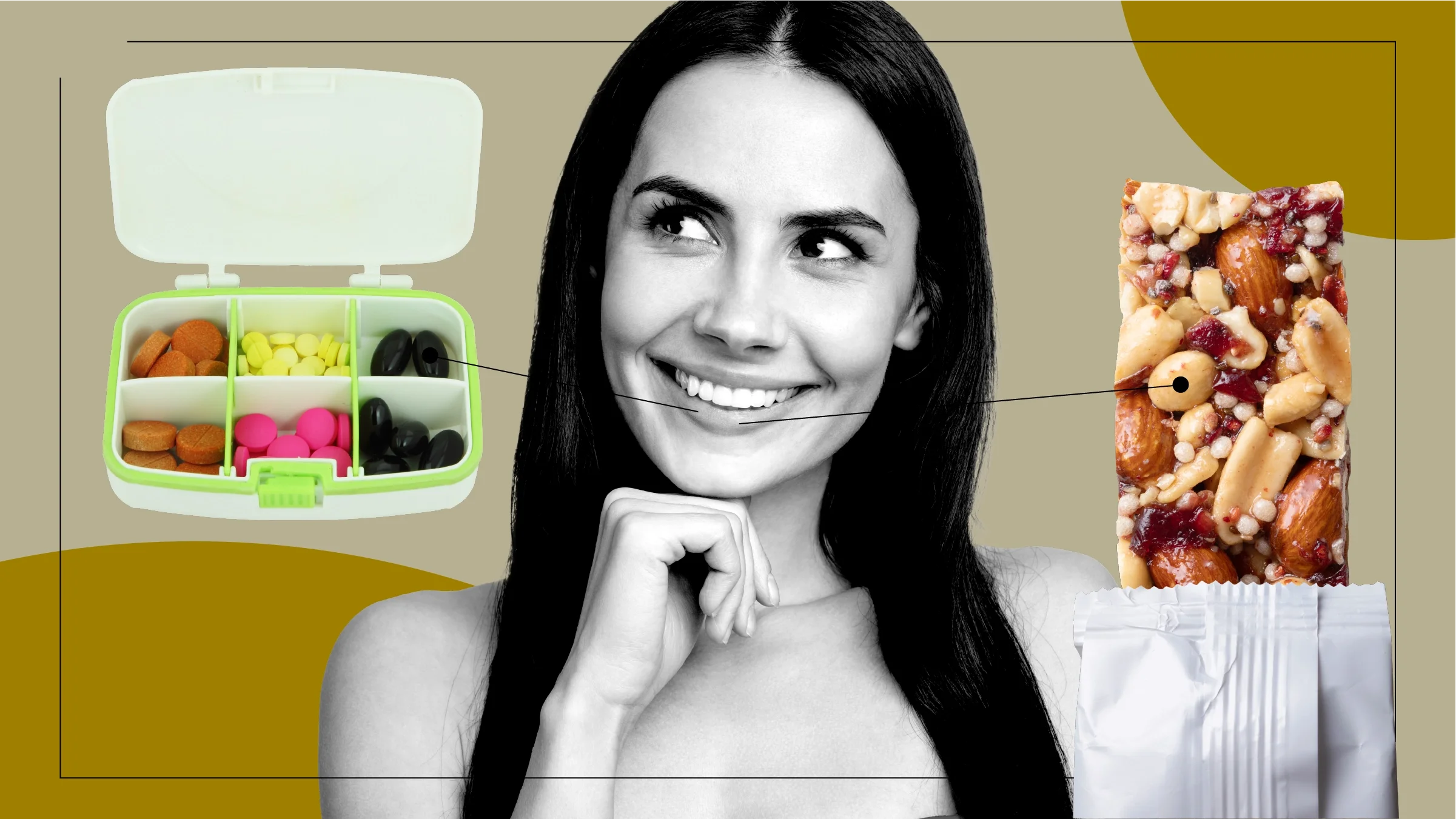 Tan background with a black-and-white cutout portrait of a woman looking off to the side. Off of her are diagram lines pointing to objects representing ways to manage IBS. On the left is a green pill organizer with six different types of pills. On the right is a granola bar in white packaging.