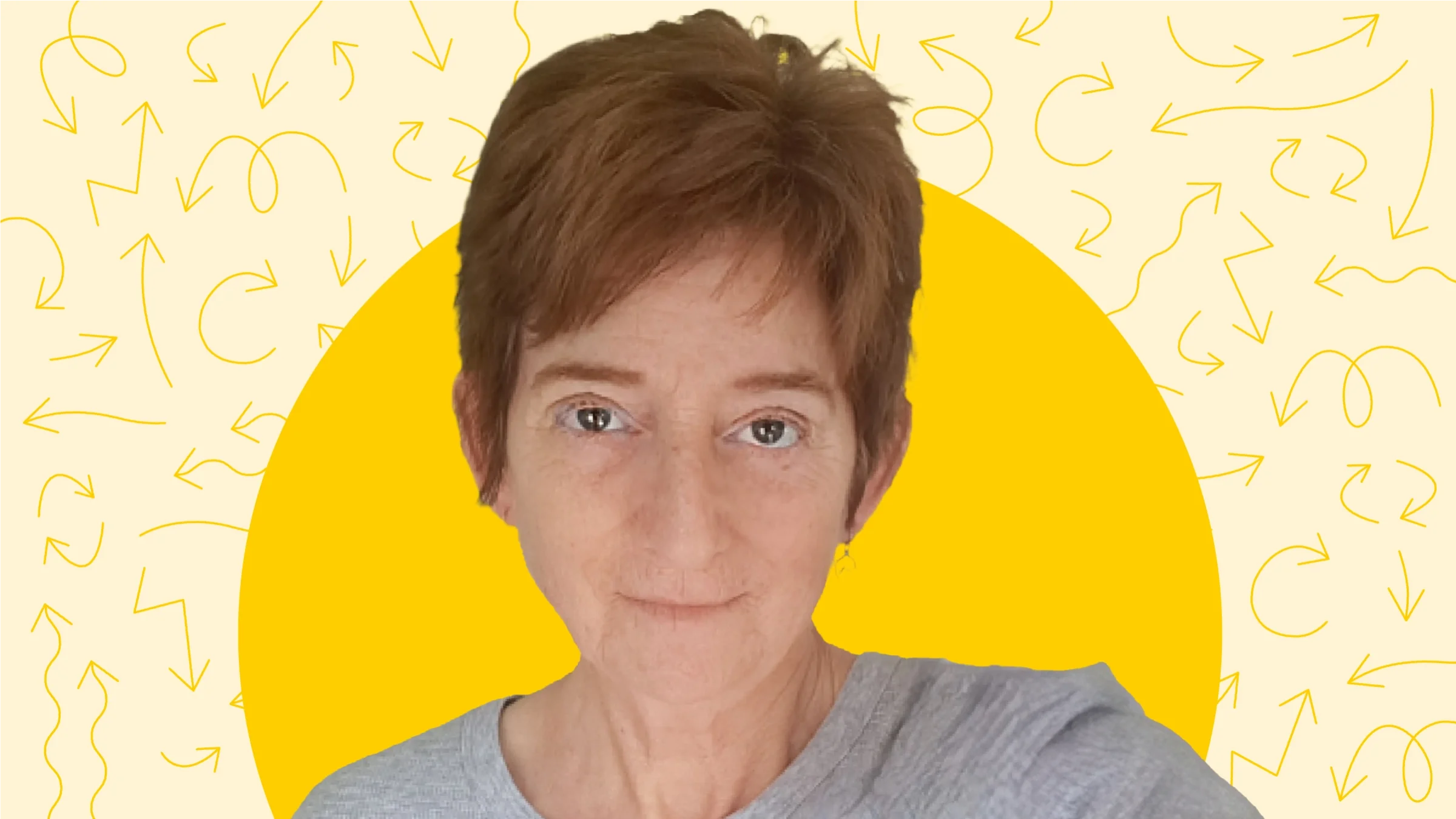Yellow background with doodle arrow pattern. In the center is a cutout portrait of Deb Hipp with a yellow circle halo around her.