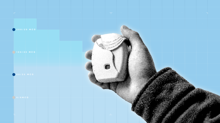 Light-blue background with graph paper texture and representational step graph. In the center is a black-and-white cutout of a hand holding an inhaler.