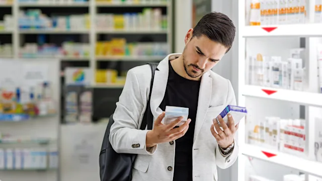 Health: Constipation: man comparing otc medicine 1413317935