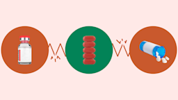 Light red background with three circles across the center connected by a red broken zigzag line. The far left circle is red and has a medication vial on it. The center circle is green with a stack of red oblong pills. And the right side circle is red with a blue prescription bottle with white pills spilling out on it.
GoodRx Health
