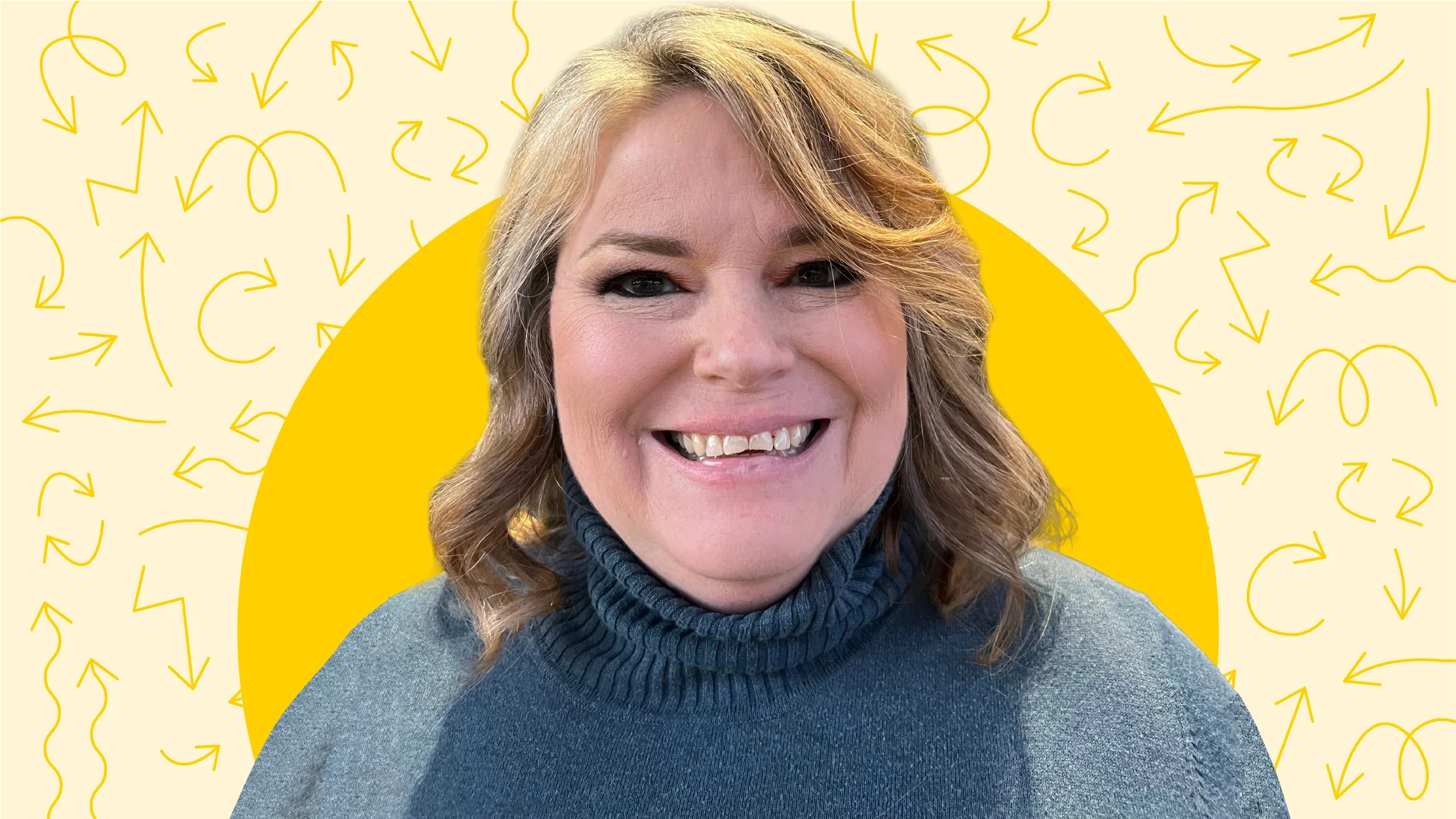 Yellow background with arrow pattern and yellow circle behind a cutout image of Kellie Gormly.