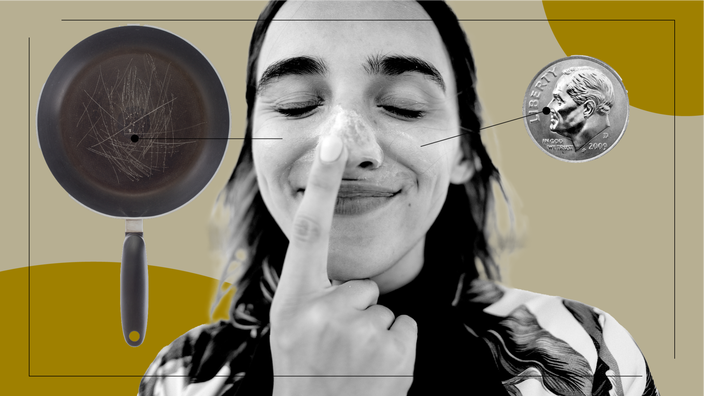 Tan background with a black-and-white portrait of a woman putting sunscreen on her nose. Off of her are diagram lines pointing to objects representing the feelings of a skin biopsy. On the left is a scratched saute pan. On the right is a shiny dime. 