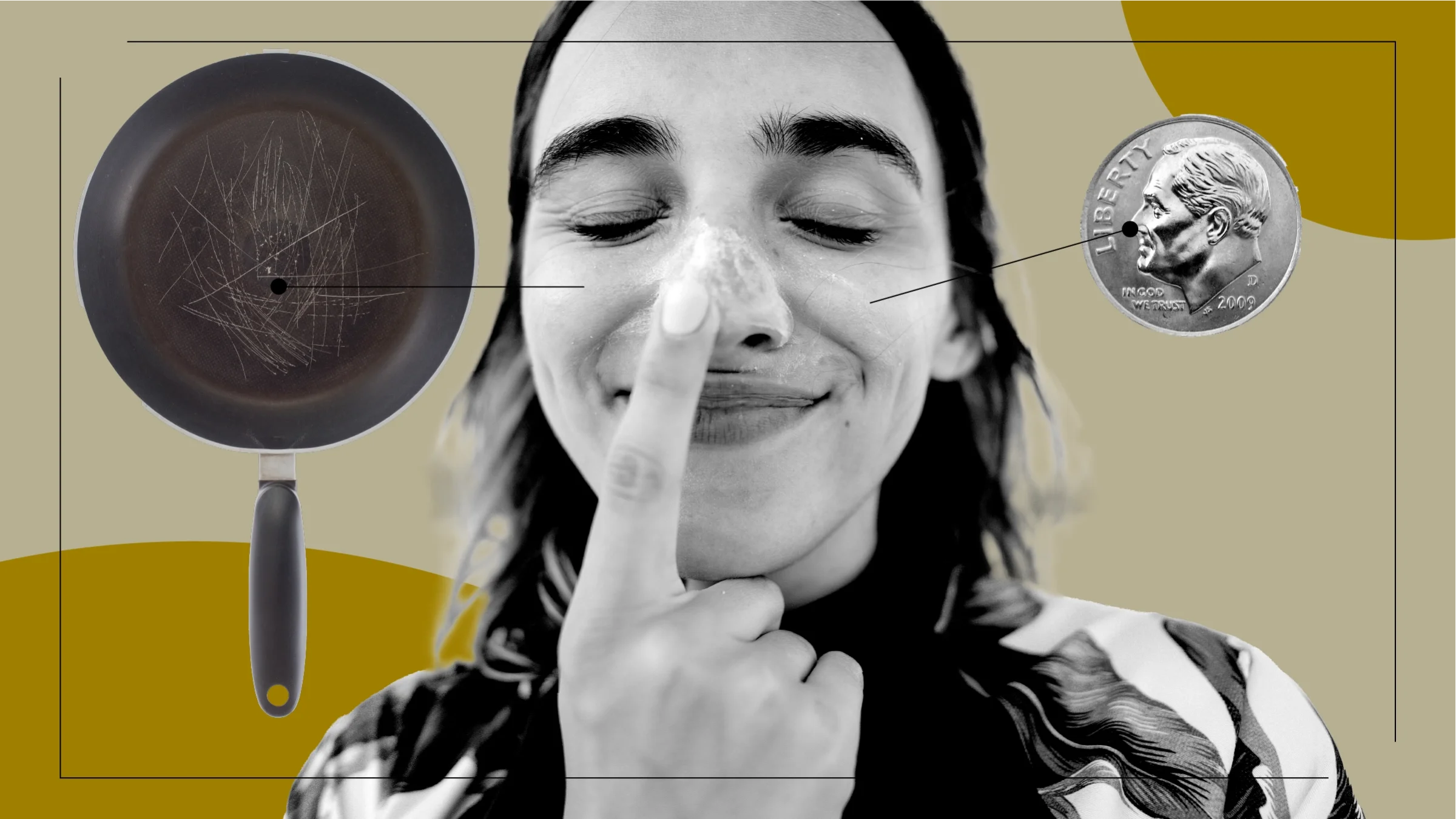 Tan background with a black-and-white portrait of a woman putting sunscreen on her nose. Off of her are diagram lines pointing to objects representing the feelings of a skin biopsy. On the left is a scratched saute pan. On the right is a shiny dime.