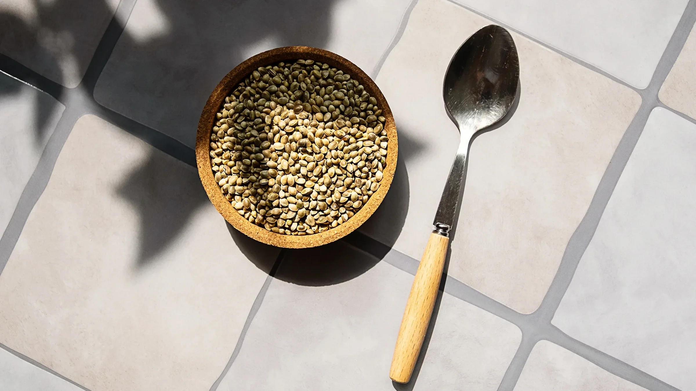 A bowl of hemp seeds is next to a spoon.