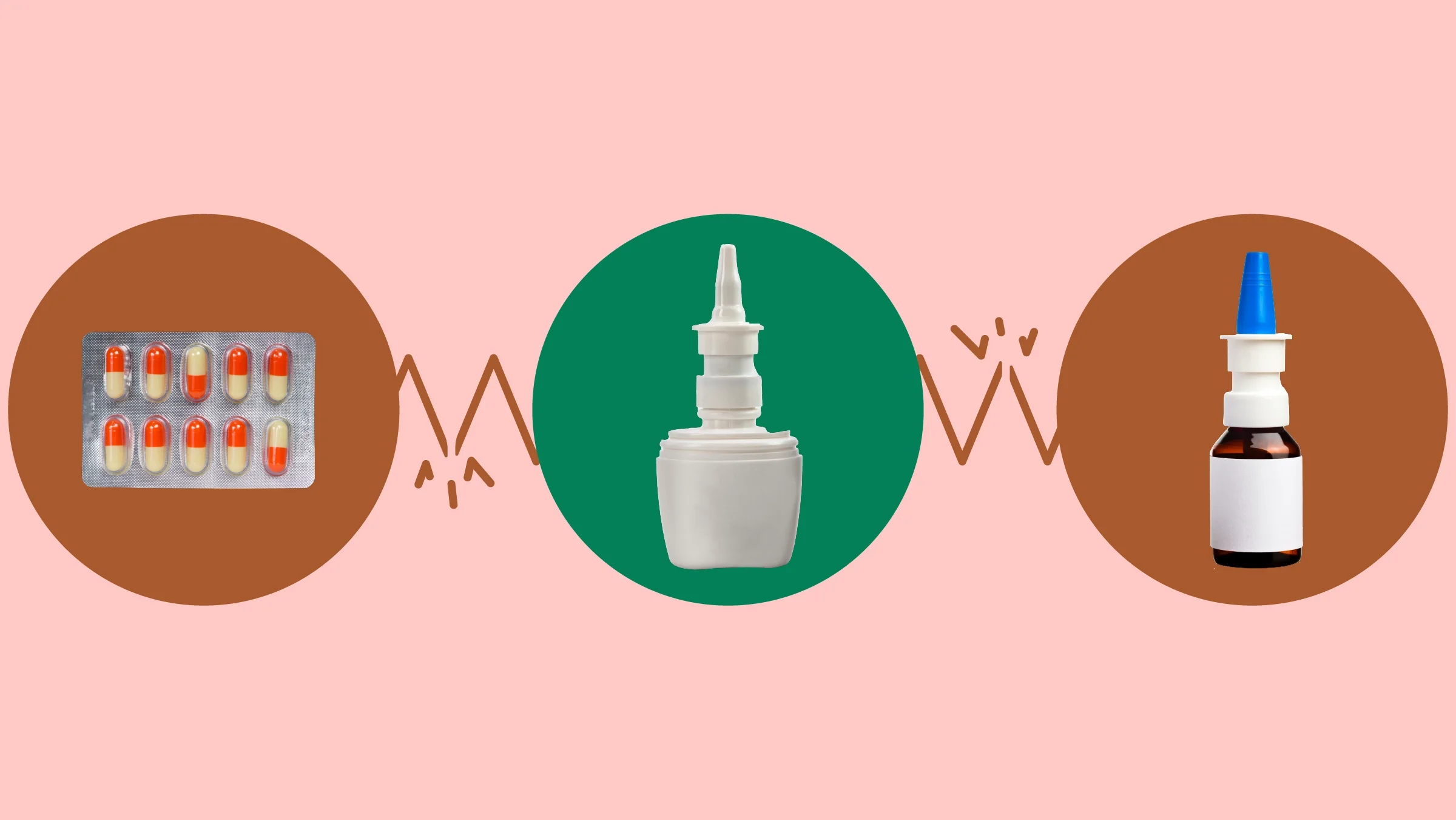 A light red background shows three circles across the frame. A white nasal spray bottle is in the center of a green circle. A blister pack of orange and yellow pills is on the left on a red circle. A brown and blue nasal spray bottle is on the right on a red circle.