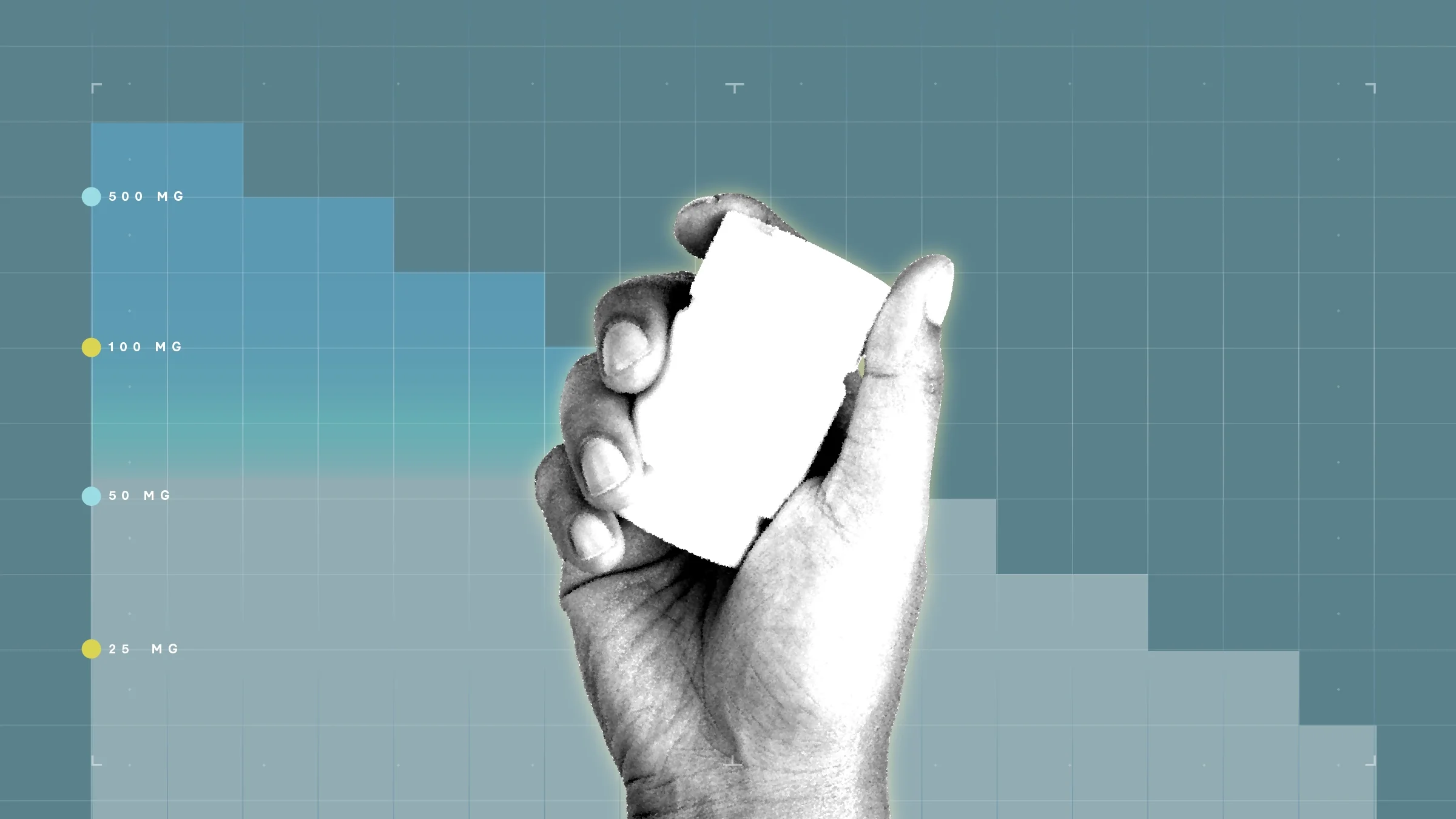 Dark blue-gray background with graph paper texture and representative step graph. In the center is a black-and-white cutout of a hand holding a white pill bottle. 