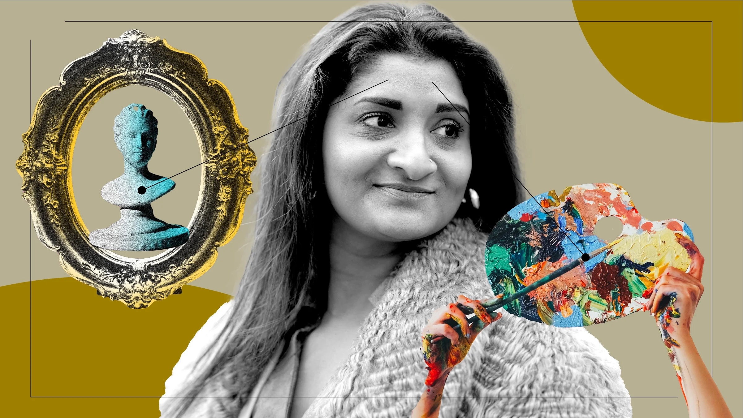 Light tan background with black-and-white cutout of a woman in a fuzzy coat. Off of her are diagram lines pointing to objects representing artistic outlets. On the left is a gold frame surrounding a sculpture of a woman’s head. On the right is a person’s hands holding an artist’s palette.  