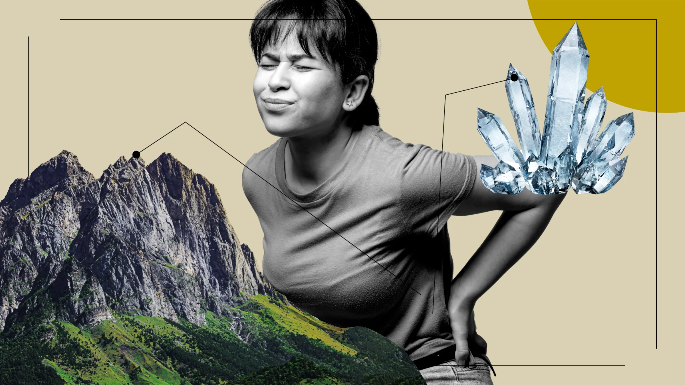 Tan background with yellow circle in the upper right corner. In the center is a black and white photo of a woman wincing in pain with her hand on her side and back. Off of her there are diagram lines pointing to items representing the hernia pain. One is a mountain and the other is a sharp crystal. 