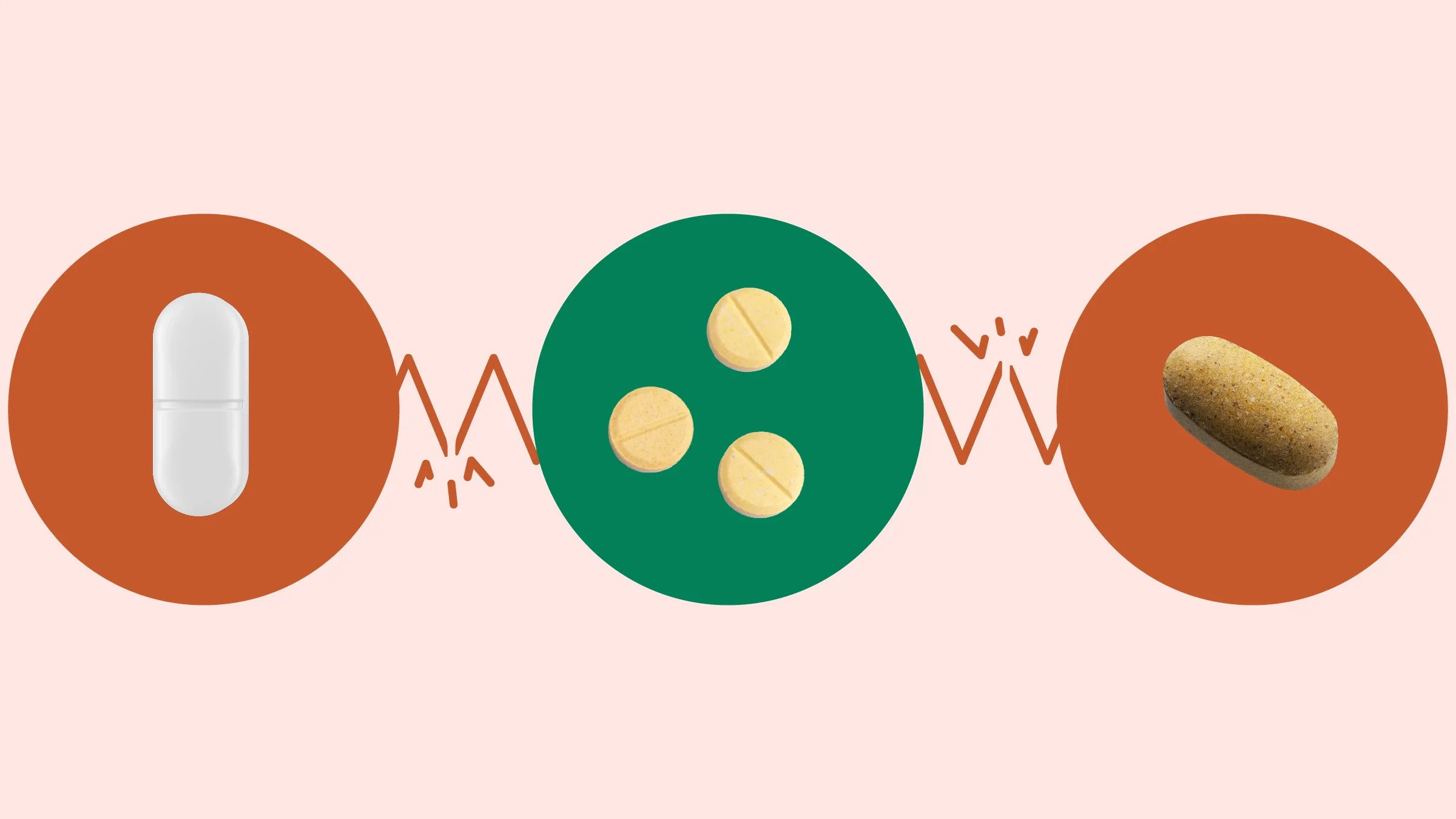 Light-red background with three circles across the frame. In the center, on a green circle, are three round yellow pills. On the left, on a red circle, is a single white oblong pill. On the right, on a red circle, is a brown speckled oblong vitamin. 