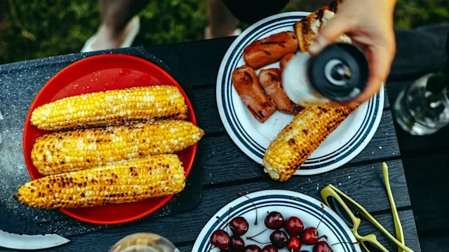 diet-nutrition: grilled corn on a red plate 2224102148