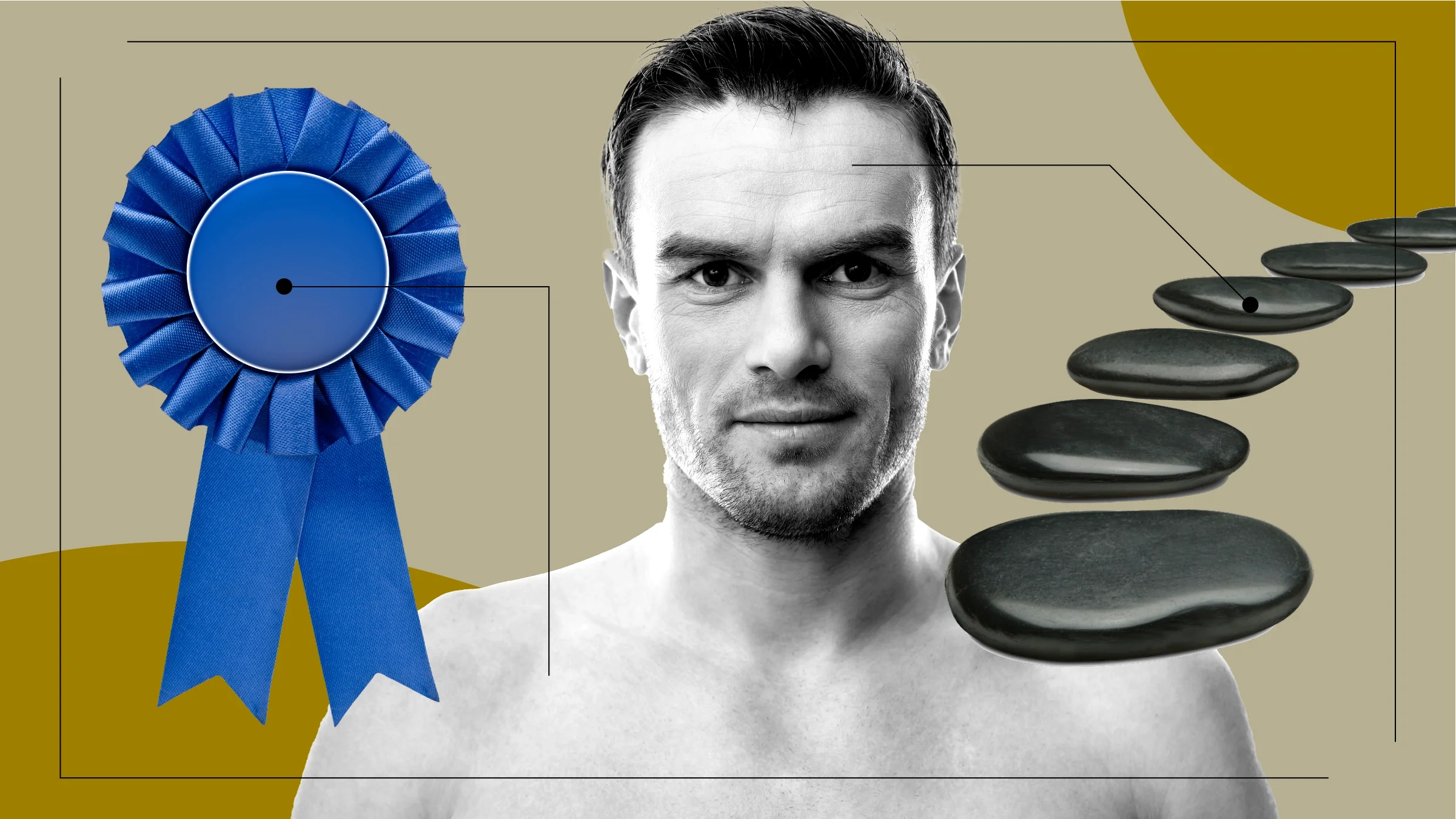 A custom graphic includes a portrait of a man surrounded by images of a blue ribbon and stepping stones. 