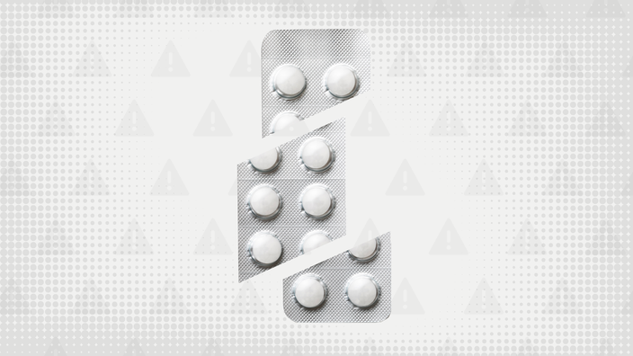 In the center of a light gray background with texture and warning sign pattern is a blister pack of round white pills cut into thirds. 