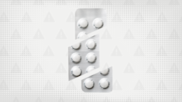 In the center of a light gray background with texture and warning sign pattern is a blister pack of round white pills cut into thirds. 
GoodRx Health