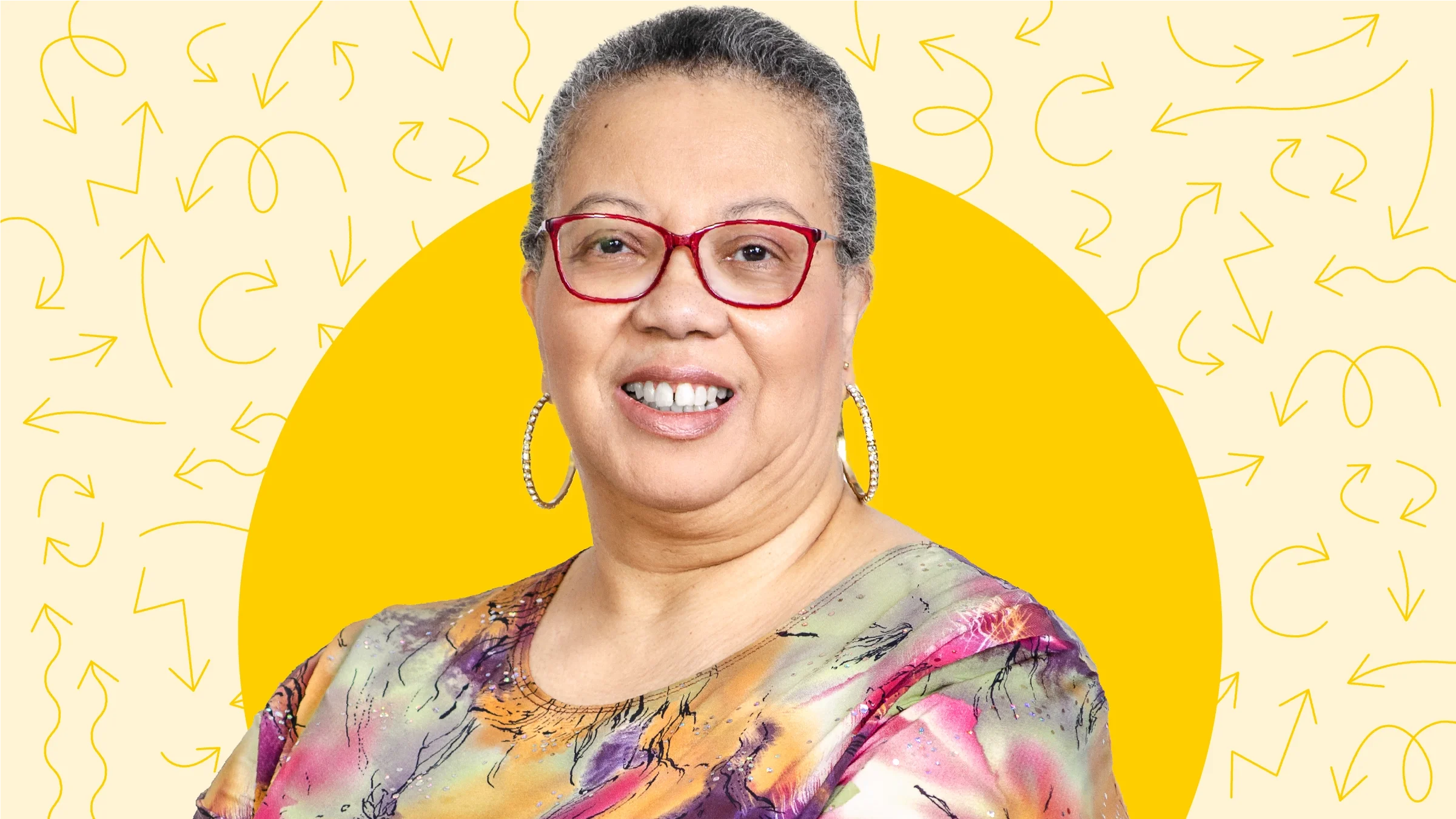 A custom graphic includes a cutout portrait of Carol Gee on a yellow background with an arrow pattern.
