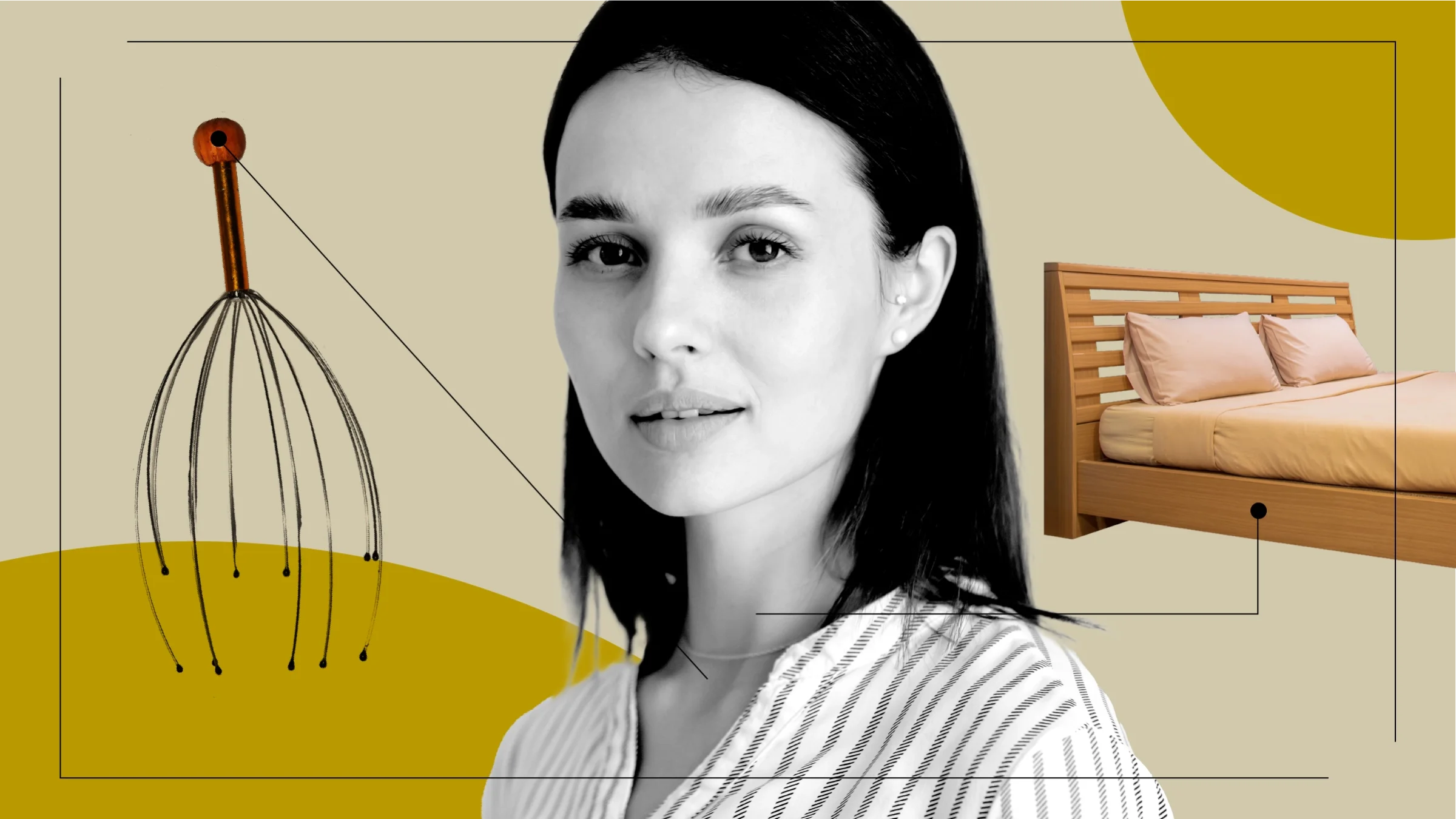 Tan background with yellow circles in the top right and bottom left corners. There is a black-and-white portrait of a woman in the center. She has a soft smile. Off of her are diagram lines pointing to items representing how thyroid cancer can feel. One item is a bed and the other is a tingling head scratcher.