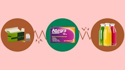 Light-red background with three circles across the frame. In the center, on a green circle, is an Allegra Allergy medication box. On the left, on a red circle, is a box of green tea bags. On the right, on a red circle, are three glass bottles with different fruit juices. The circles are connected with emphasis lines. 
GoodRx Health