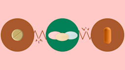 Light red background with three circles across the frame. In the center, on a green circle, are three oval pills in different pastel colors. On the left, on a red circle, is a single round light-yellow pill. On the right, on a red circle, is a single oblong orange pill.
GoodRx Health