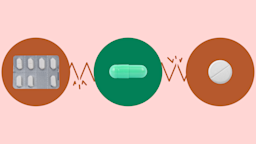 Custom graphic showing which medications interact with Vraylar. In the center is a green circle with a teal capsule pill on it. On the left, on a red circle, is a blister pack of oblong white pills. On the right, on a red circle, is a round white pill.
GoodRx Health